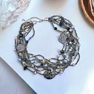 Chunky Statement Necklace Pendant Ocean Jasper Galaxy Faux Pearl Glass Bead